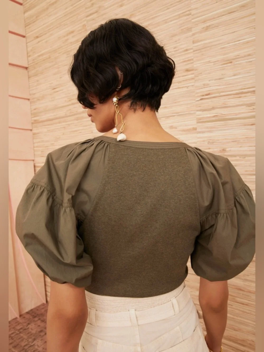 Ulla Johnson Harlowe Puff Sleeve Rib Knit Top Military Melange Olive Green Small - Picture 9 of 11
